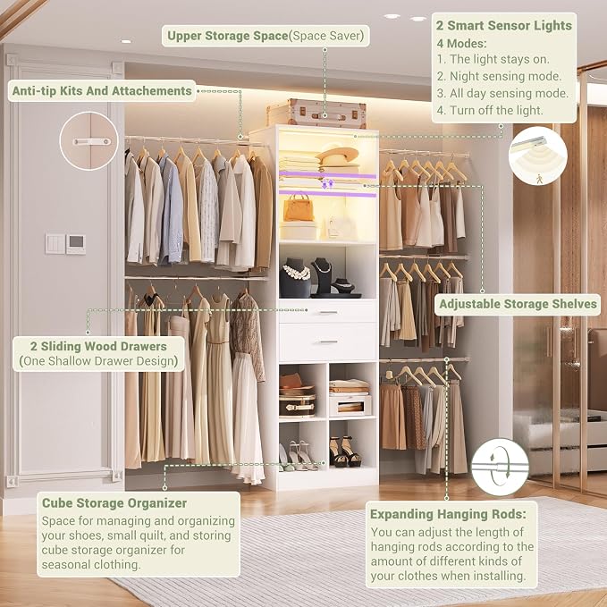 Besiost Closet System with Smart Sensor Lights, 4-8 FT Closet Organizer System - Image 5
