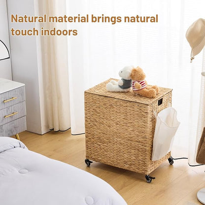 Laundry Hamper with Wheels, 40.92 Gallon Water Hyacinth Laundry Basket with Lid - Image 3