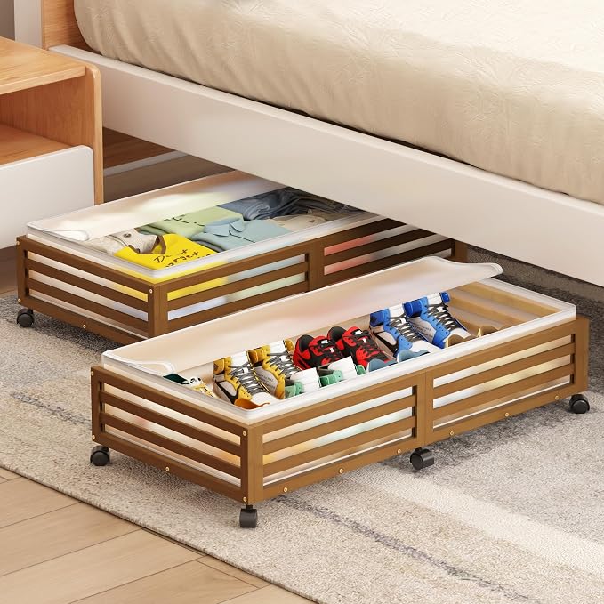 Under Bed Storage with Wheels-Large Bamboo Underbed storage Containers with - Image 6