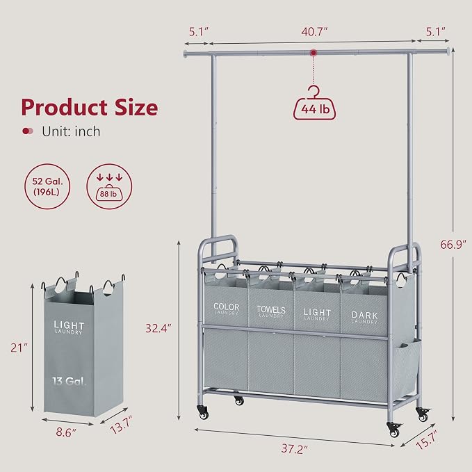 Tajsoon Laundry Sorter with Hanging Bar, 4 Section Rolling Laundry Hamper with - Image 7