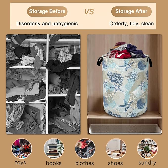 Large Laundry Basket, Corals Seashells Collapsible Laundry Baskets, Cute Algae - Image 5