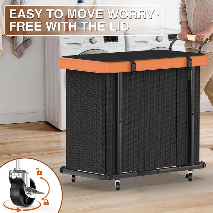 Rolling Laundry Hamper with Wheels, Laundry Hamper 3 Section with Lid, Laundry - Image 3