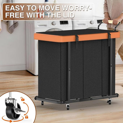 Rolling Laundry Hamper with Wheels, Laundry Hamper 3 Section with Lid, Laundry - Image 3