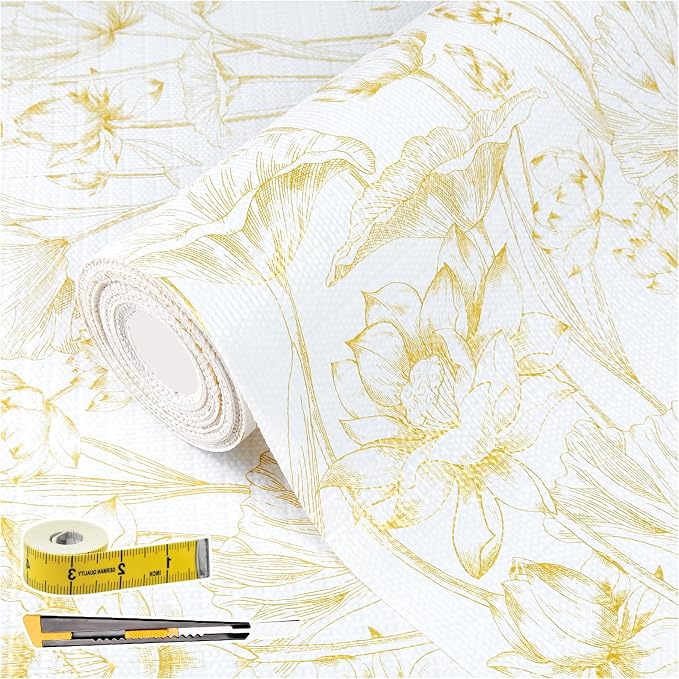 Shelf Liners Non Adhesive Light Base Gold Lotus Pattern by Kimhan