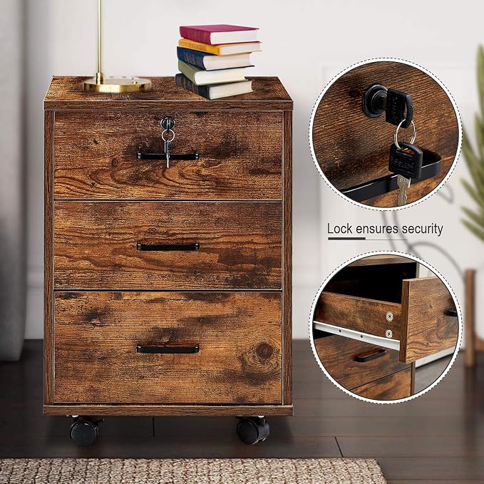 File Cabinet with Lock 3 Drawer Mobile Filing Cabinet with 360° Swivel Wheels - Image 6