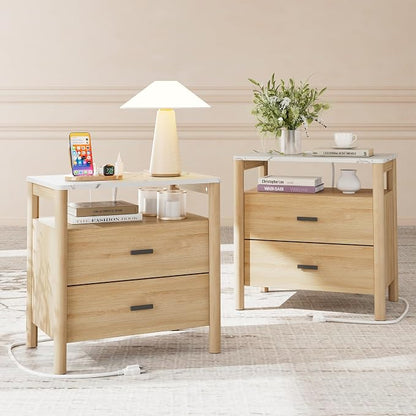 Night Stand Set of 2 with Charging Station, 2 Drawers End Table with Solid by FavourLife