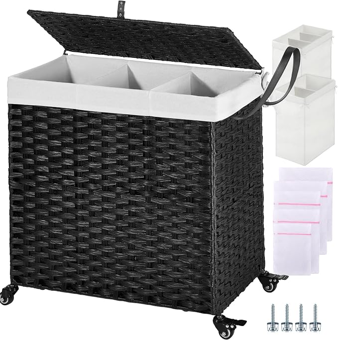 Greenstell Laundry Hamper with Wheels&Lid, 130L Large 3 Sections Clothes Hamper by Greenstell