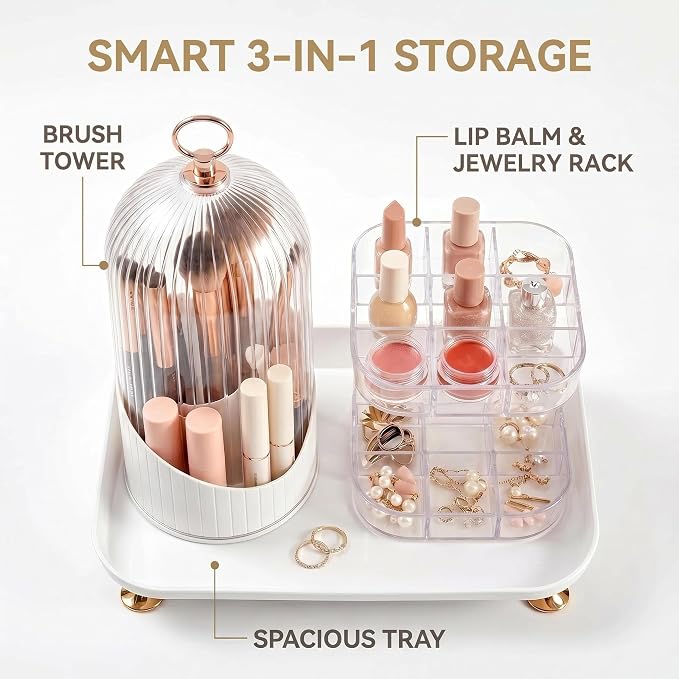 Makeup Brush Holder with Lid, 360 Rotating 3-in-1 Acrylic Organizer - Image 4