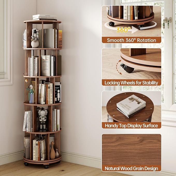 5-Tier Rotating Bookshelf on Wheels, 360° Spinning Bookshelf Tower, Round - Image 7