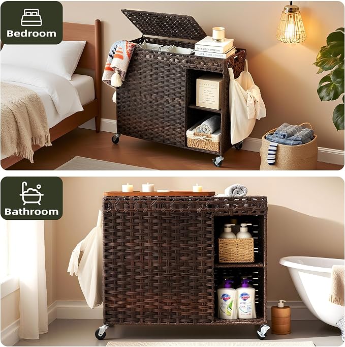 Laundry Hamper with Lid, 160L Rattan Wicker Laundry Basket with Wheels - Image 4