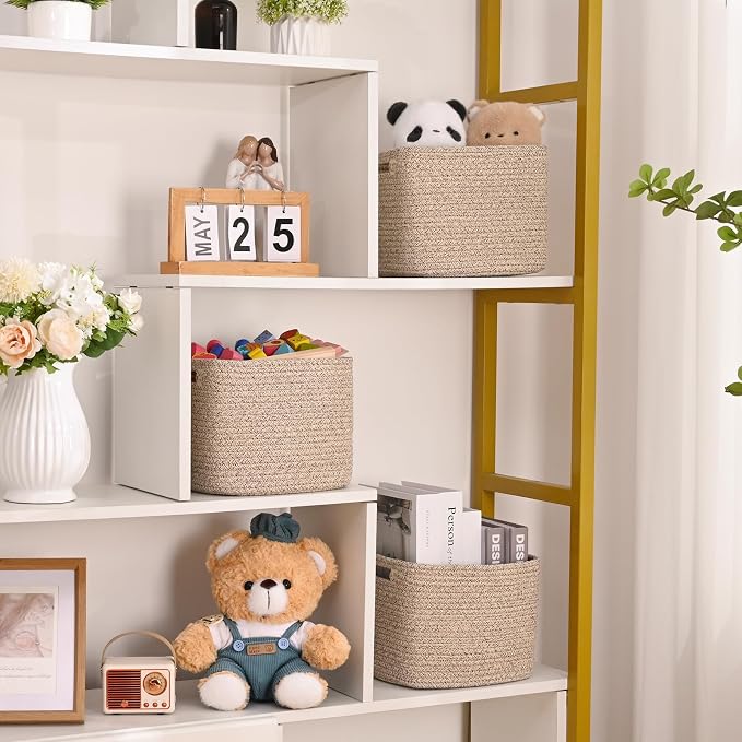 3 Pack Cube Storage Bin, 9”x9”x7” Cotton Rope Woven Baskets - Image 3