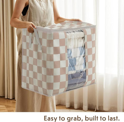 Beige Checkered Clothes Storage Bins, 100L Large Blanket Storage Bags 3 Pack - Image 5