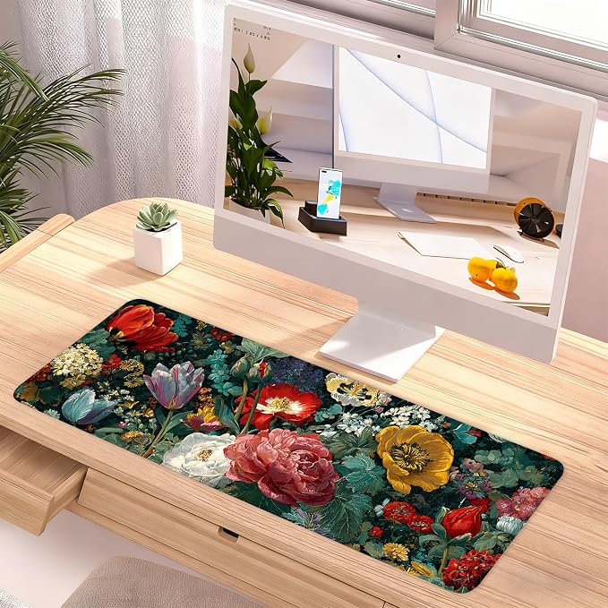 Vintage Oil Painting Floral Mouse Pad – Large Extended Desk Mat 31.5 x 11.8 in– - Image 2