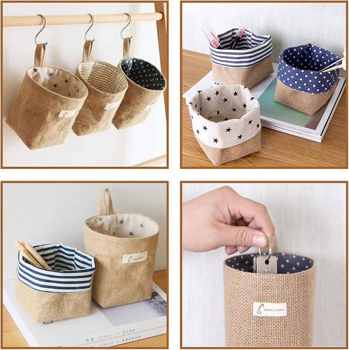Foraineam 6 Pack Mini Hanging Storage Bag Cotton Linen Decorative Wall-Hanging - Image 2