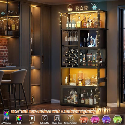 82.6" Tall Bar Cabinet with Power Outlets, 6-Tiers Reversible Wine Cabinet with - Image 4