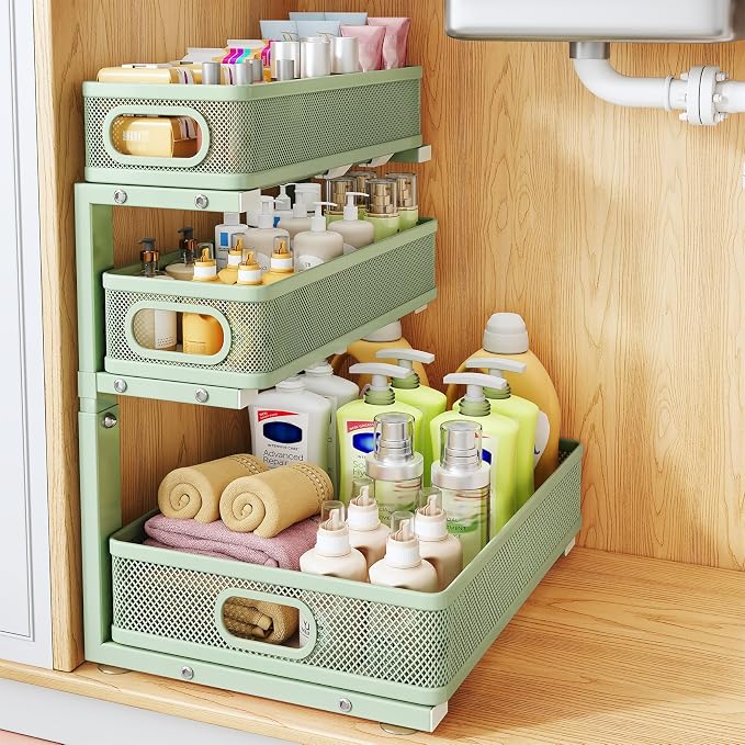Under Sink Organizer, Height Adjustable Slide out Storage Drawer Rack by HERJOY