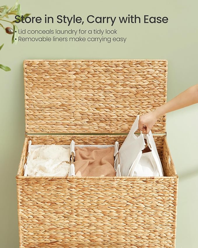 SONGMICS Laundry Hamper 3 Sections, 47.5 Gal. Handwoven Water Hyacinth Wicker - Image 4
