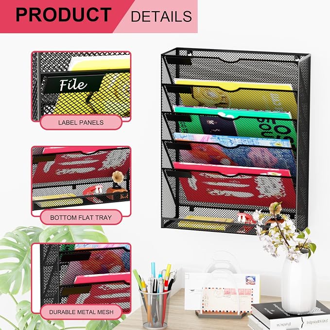 Hanging Wall File Organizer 6 Tier Wall Mounted Mail Paper Folder Holder - Image 4