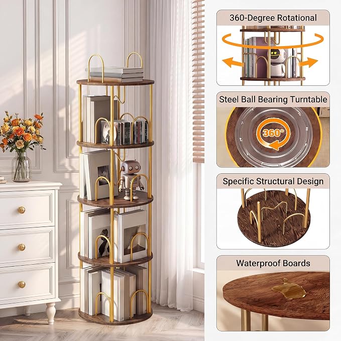 4 Tier Rotating Bookshelf, 360° Spinning Bookshelf Tower, Narrow Corner Book - Image 4