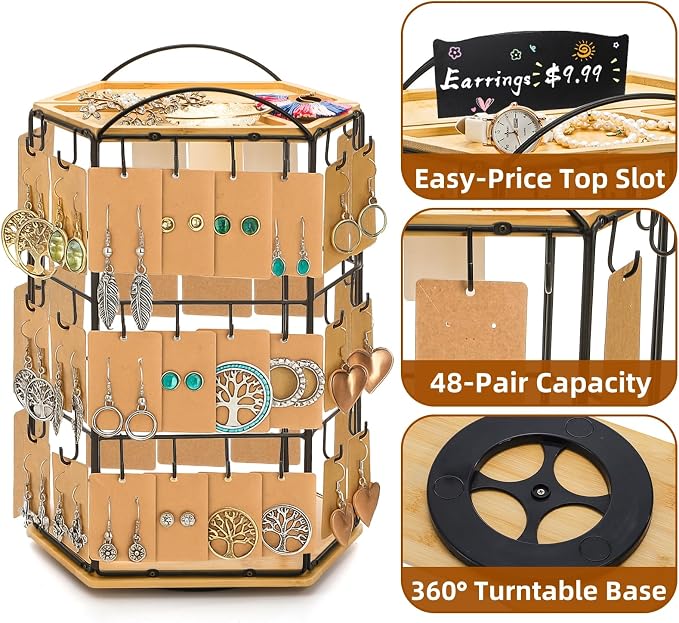 Rotating Earring Display Stand for Vendors, 48 Hooks Hexagon Bamboo Jewelry - Image 3