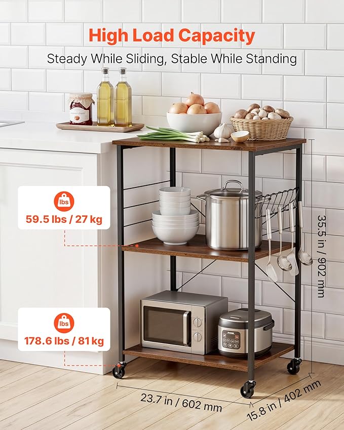 VEVOR Kitchen Utility Cart, 3 Tier 23.7 in Microwave Stand Coffee Cart - Image 3