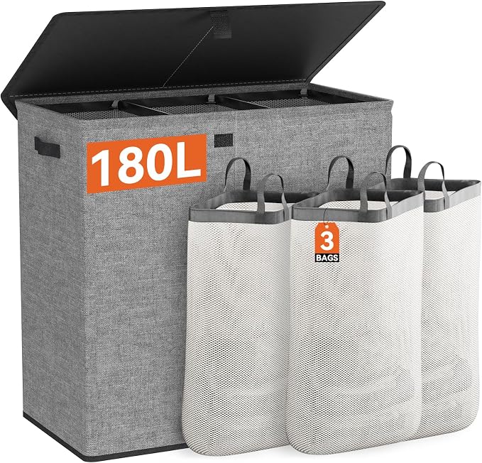 WOWLIVE Laundry Hamper with Lid, 180L Large Laundry Basket 3 Section with by WOWLIVE