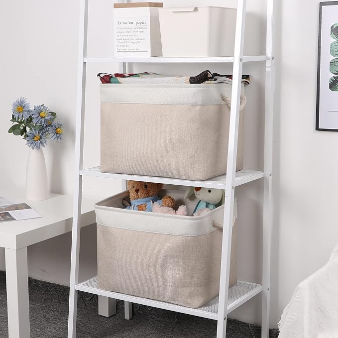Bidtakay Beige Storage Basket Large Fabric Cloth Baskets Tall Rectangular Shelf - Image 4