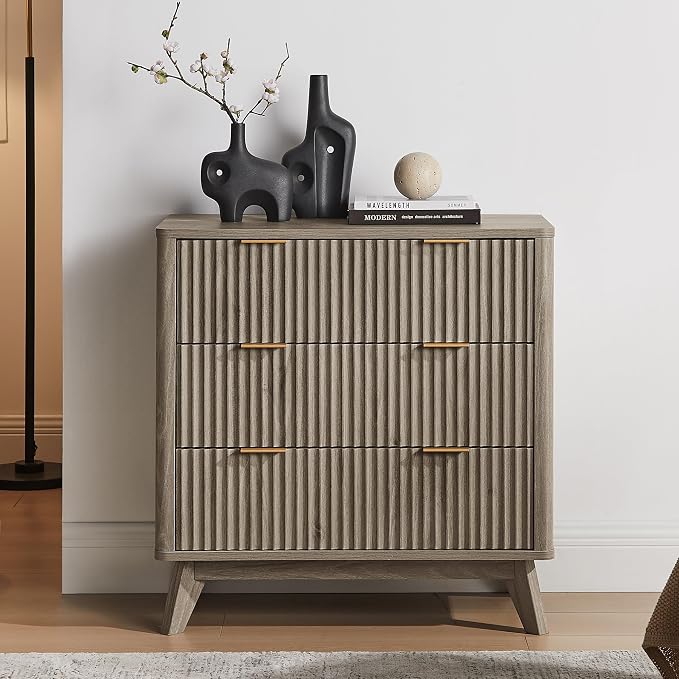 T4TREAM Fluted 3 Drawer Dresser, Curved Profile Design, Wood Drawer Organizer by T4TREAMFurniture
