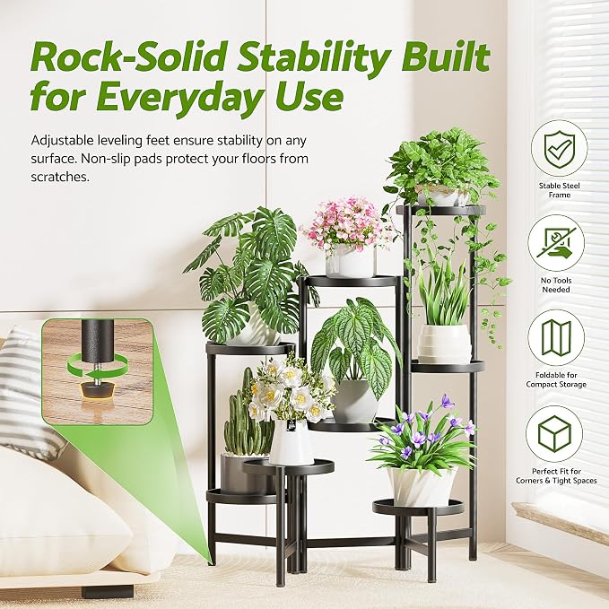 Black Stand Plants, Metal Tiered Plant Stands Indoor, 8 Tier Corner Flodable - Image 2