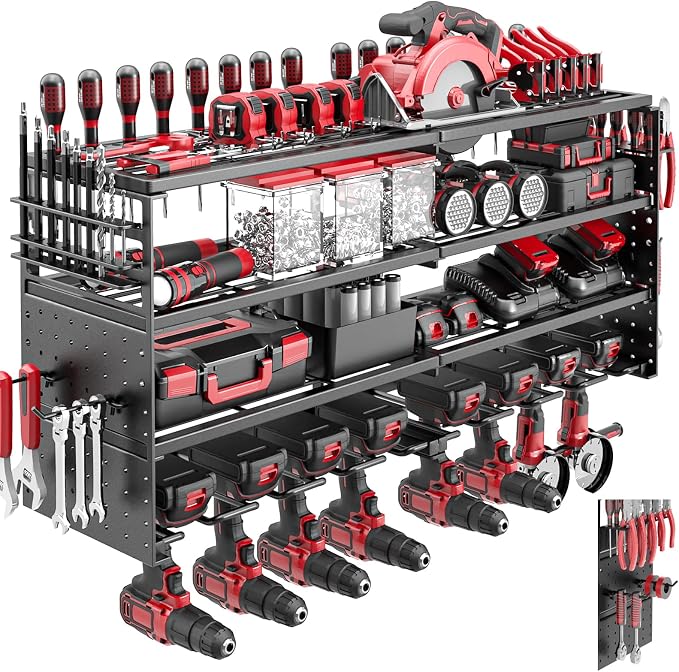 4 Tier Power Tool Organizer Wall Mount, 8 Cordless Tool Rack, 320LBS Heavy Duty by ODSNANIE