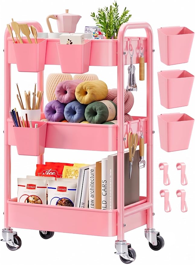 3 Tier Rolling Cart Metal with Lockable Wheels, Storage Utility Trolley Carts by Aofure
