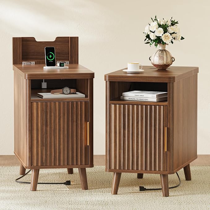 Huuger Narrow Nightstand with Charging Station, USB-C Port, Fluted End Table by Huuger