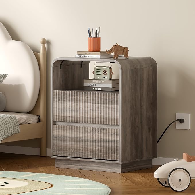 Dresser with 2 Drawers and Charging Station, Fluted Bedside Table with Round by BORNOON