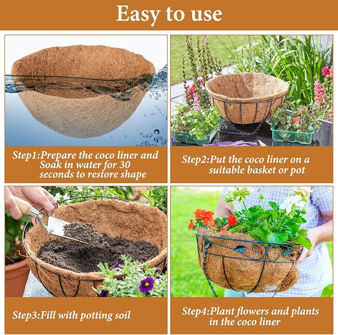 6 Pack 16 Inch Hanging Basket Coco Liners Replacement, 100% Natural Round - Image 5