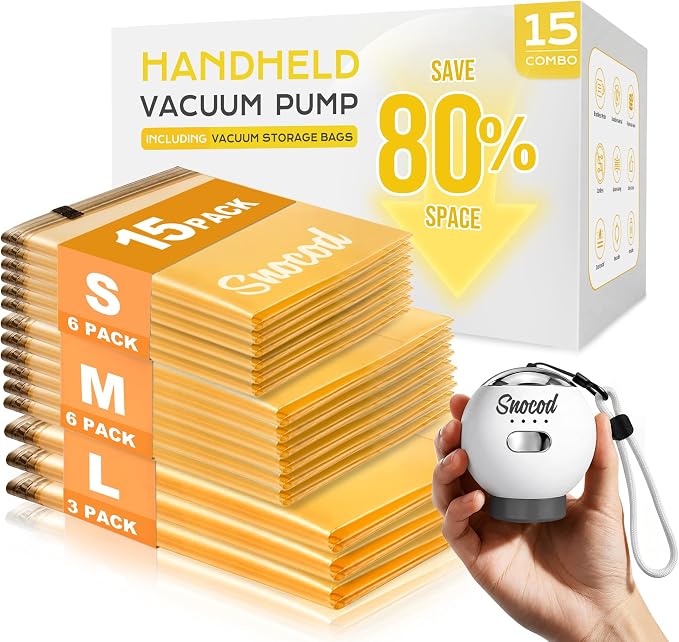 Travel Vacuum Bags with Pump, 15 Pack Vacuum Storage Bags by SNOCOD