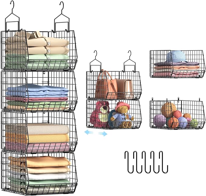 4" Extra Deeper Hanging Closet Organizers and Storage, 4 Tier Foldable Wire by X-cosrack