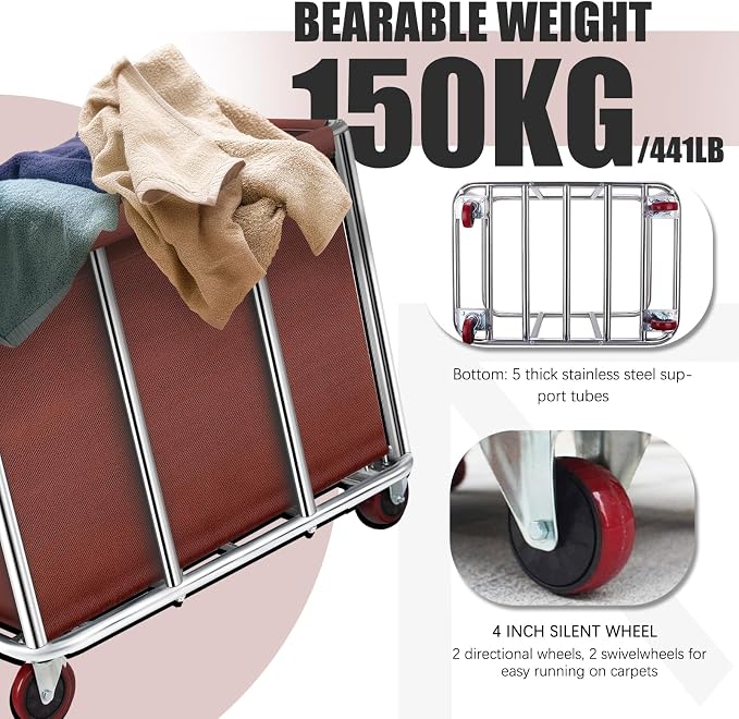 Commercial Laundry Cart on Wheels, 11.35 Bushels Large Roller - Image 3