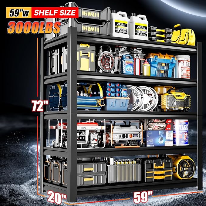 59" W Garage Shelving, 5-Tier Heavy Duty Shelving Unit, 3000LBS Adjustable - Image 3