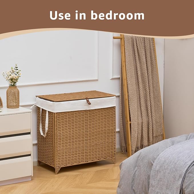 Laundry Hamper with Lid and Removable Liner Bag, Handwoven Rattan Clothes - Image 5