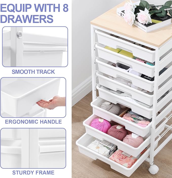 Rolling Storage Cart with Drawers, Utility Cart With 8 Drawers and Wooden - Image 3