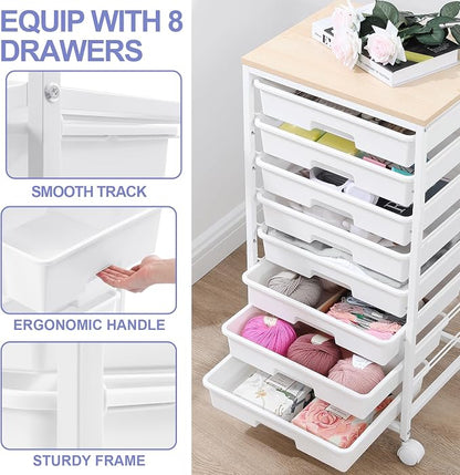 Rolling Storage Cart with Drawers, Utility Cart With 8 Drawers and Wooden - Image 3