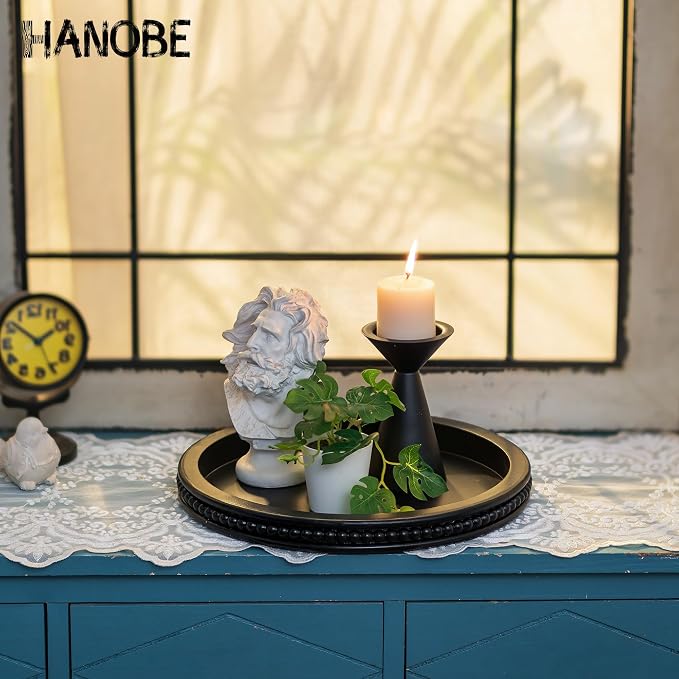 Hanobe Round Black Tray for Coffee Table, Beaded Edge | 11.8-inch wood tray for - Image 3