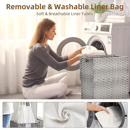 Woven Laundry Basket with Lid, Large Hamper with Removable and Machine-Washable - Image 4