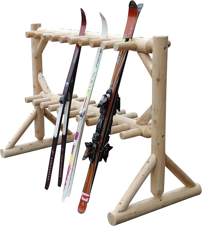 17-Place Freestanding Log Ski Rack Holder, Indoor & Outdoor Snowboard Racks by LogKayakRack