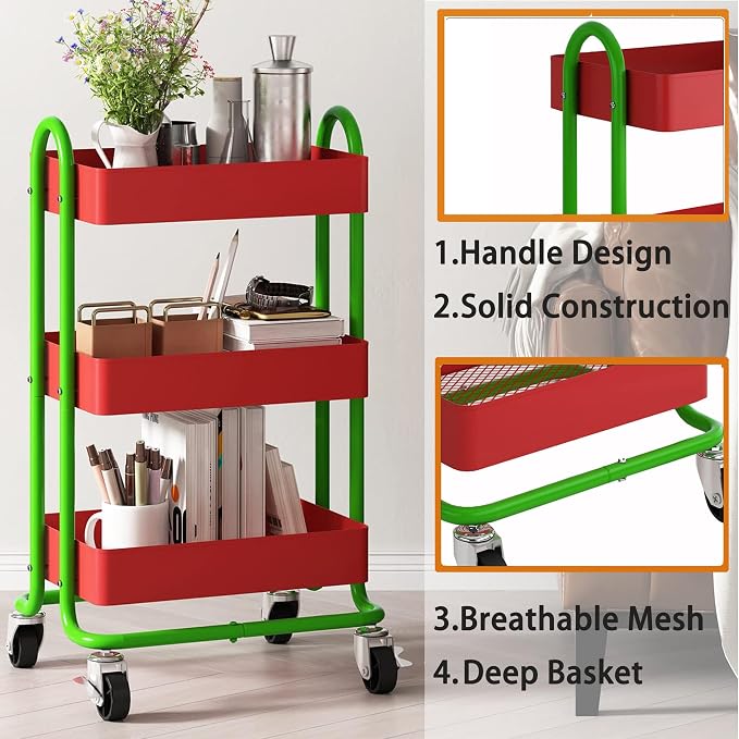 Metal Rolling Cart, 3-Tier Metal Rolling Cart - Image 5