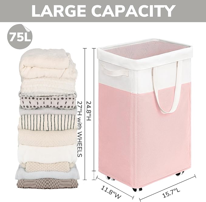 Goodpick Laundry Basket with Wheels, 75L Tall Clothes Hamper, Large Laundry - Image 3