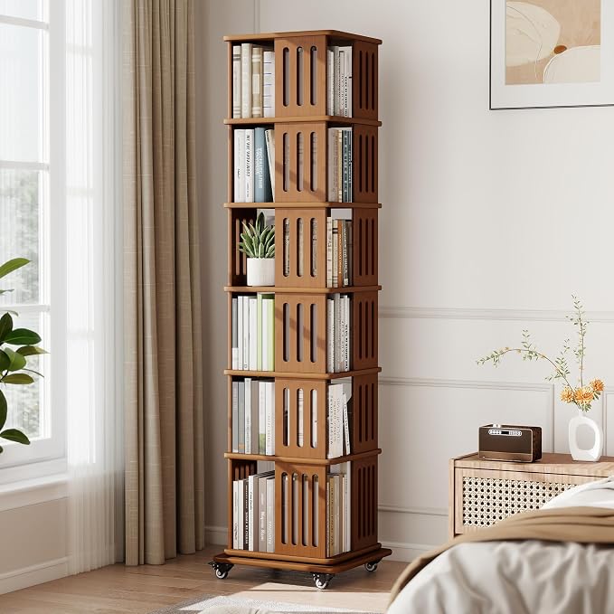 Baoz 71" Tall Rotating Bookshelf Tower, 6 Tier Spinning Bookcase, Walnut | 360° - Image 9