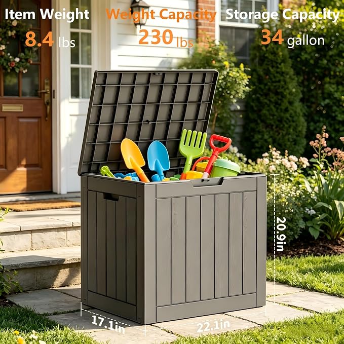 34 Gallon Outdoor Storage Box, Resin Deck Box Waterproof, Raised Bottom Outside - Image 2
