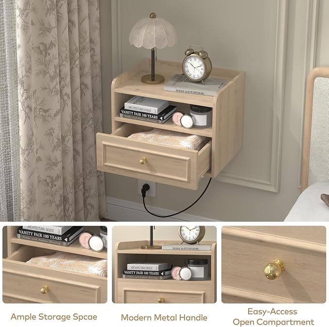Floating Nightstand with Charging Station Set of 2, Modern Wall Mounted Bedside - Image 4