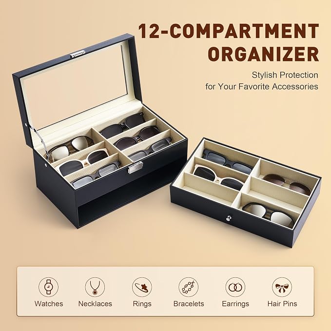 CO-Z Sunglasses Organizer with 12 Slots, 2 Story Leather Multi Sunglasses - Image 7